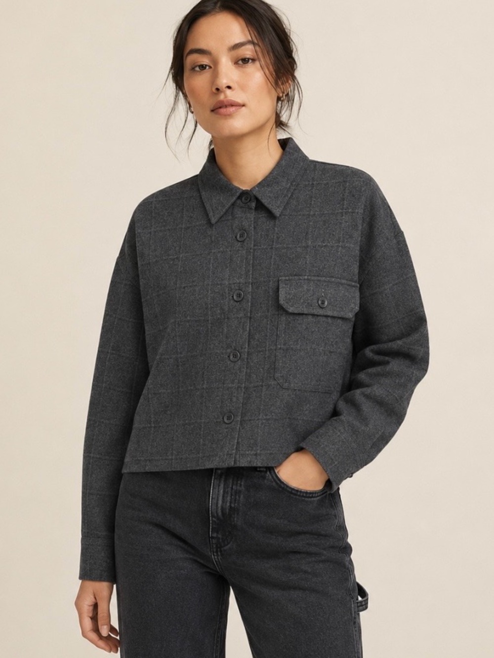 Uniqlo Heavy Flannel Cropped Long-Sleeve Shirt Jacket Shacket Utility XS Grey